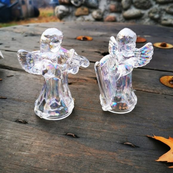 Pair of Iridescent Glass Angels Cherubs Playing Instruments Candle Holders - Picture 1 of 16